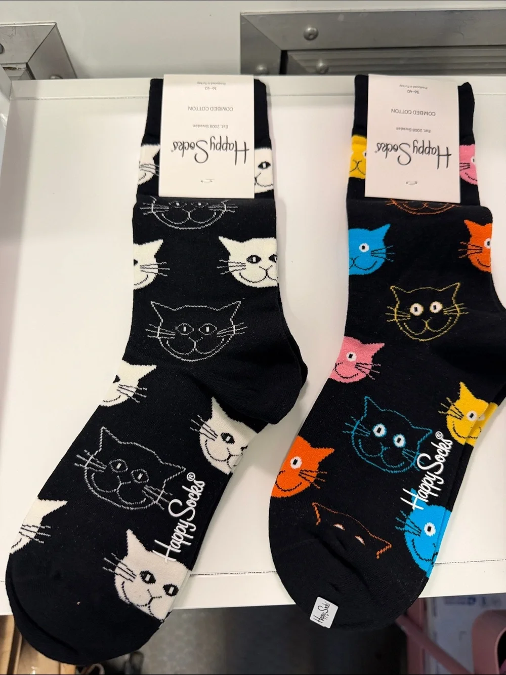 Happy Socks Black Cat Crew Socks — Black with White and Multicolor Cat Faces